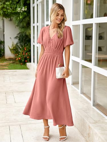 Image of Simplee Women's Summer Flowy Midi Dress Casual V Neck Short Sleeve Empire Waist Boho Beach Dress Wedding Guest Maxi Dress