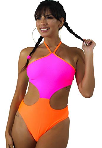 Maiô Body Com Detalhe Aberto na Cintura Laranja e Rosa Neon Multicolorido