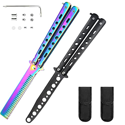 Funrelaxer Butterfly Trainer, 2 Stück Butterfly Messer Butterfly Knife Trainer, Butterfly üBungsmesser Ungeschärft, Schwarz und Rainbow Cover