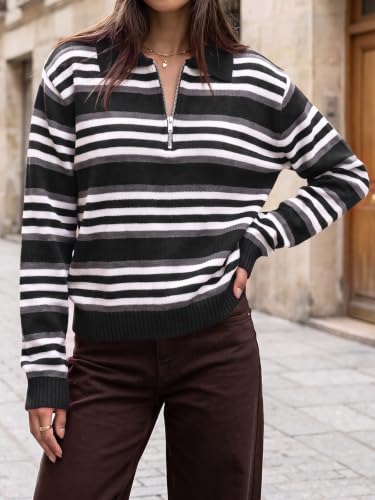 Fisoew Womens Quarter Zip Striped Sweater Collared Long Sleeve Pullover Top - image 5