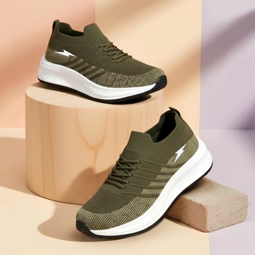 Image of BRUTON Men's Beige & Black Casual & Stylish Running Shoes | Lightweight Cushioned Lace-Up Shoes | Breathable Fashion Footwear for Walking, Travel, College