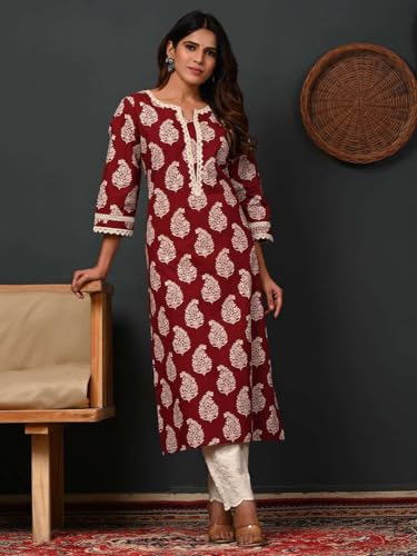 Image of Rimeline Women's Cotton Printed Kurta with Lace Yoke Detail | Elegant Straight Fit Ethnic Wear for Office, Casual & Daily Styling