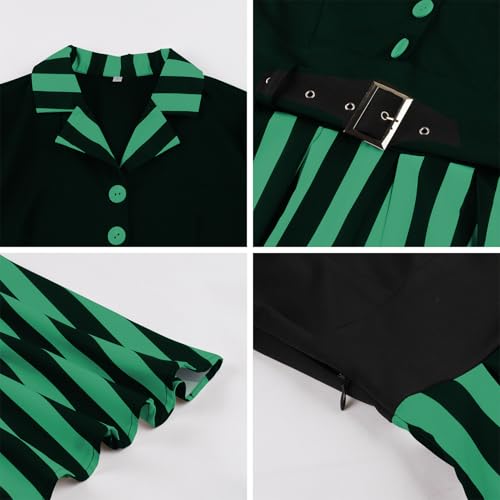 Image of ODIZLI Women's 1950s Retro Dress Short Sleeve Notched Lapel Polka Dot Stripe Swing Dress with Belt Cocktail Dress