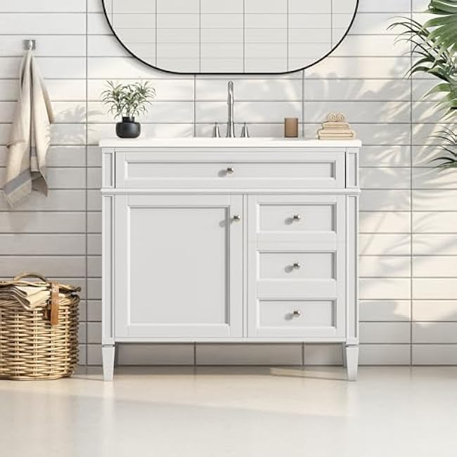 Maximize Bathroom Storage with 36'' Vanity Cabinet, 2 Drawers and Tip-Out Drawer, Modern Design in White