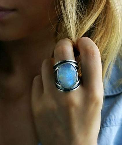 Kuyiuif Vintage Silver Ring Sterling Silver Moon Moonstone Ring for Women Gemstone Boho Jewelry Wedding Bridal Ring (US 6)