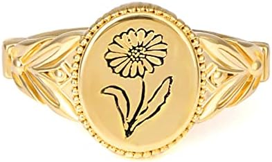 Drawelry Personalized Custom Vintage Birth Flower Ring: Sterling Silver Engraved Month Flower Floral Wildflowers Daisy Finger Wedding Promise Ring Bands Jewelry Gifts for Her Women Men Girl