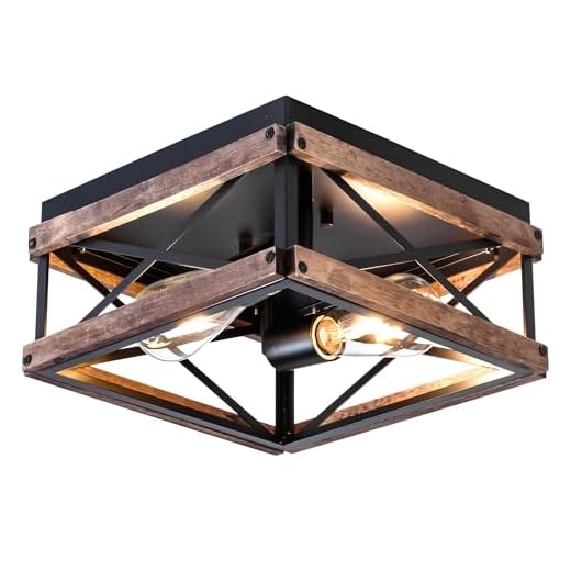 MAYNA 2 Lights Industrial Ceiling Light Fixtures, Farmhouse Flush Mount Ceiling Light, Metal and Wood Square Dining Room Light Fixture for Hallway Living Room Farmhouse,Black