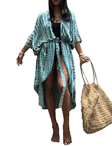 Image of Bsubseach Stylish Tie Dye Open Front Long Kimono Swimsuit Coverup for Women