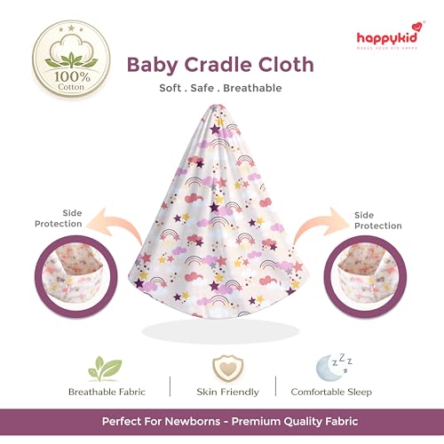 Image of Happykid Baby Cradle Set | Durable Cotton Cloth, Mosquito Net, Spring, Triangle and Window Hanger (White & Purple, Cradle (Without Window Hanger))