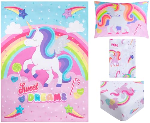 Image of Todays Kids Unicorn Toddler Bedding Set for Girls - 4-Piece Toddler Bed Comforter Sets for Girls, Reversible Comforter & Pillowcase, Flat Sheet, Fitted Sheet, Breathable & Super Soft Microfiber