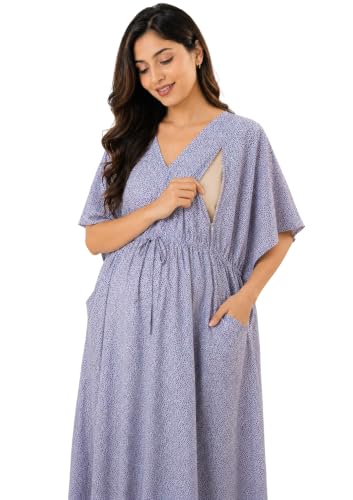 Image of Noty Women's- Kaftan | Maxi | Maternity | Feeding | Delivery Gown- Cotton Fabric- V Neck | Floral Print | 2 Pockets | Midi