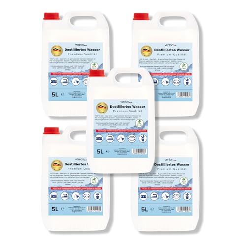VENTON Klax Agua destilada 25 L (5 × 5 L) I Desmineralizada – Desionizada – Agua desmineralizada según VDE 0510 I Prueba de agua para el hogar, ocio, coche y laboratorio, pura I Agua de laboratorio