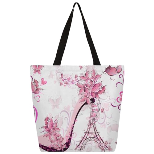 Mularoka Pretty Tower Heels Large Capacity Canvas Tote Bag Stylish Handheld Shoulder Bag Reusable Shopping Bag for Work Travel Beach Trips Shopping