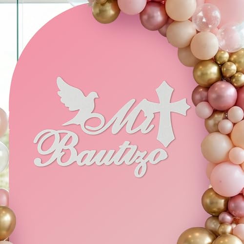 Mi Bautizo Sign for Backdrop Decor - Mi Bautizo Baby Baptism Religious Decal Decorations Comunin Party Backdrop Sign God Bless First Holy Communion Party Wall Removable & FeltWhite