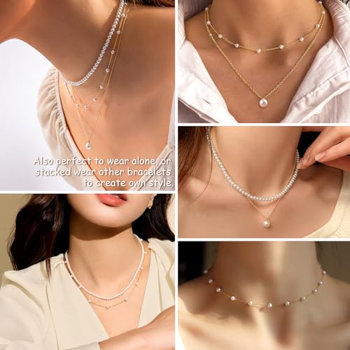 image for Zeffy Layered Gold Pearl Necklaces for Women 14K Gold Plated Dainty La