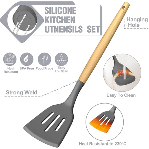 Umite Chef Silicone Kitchen Utensil Set, 34PCS Heat Resistant Kitchen Gadgets and Tools With Grater, Wood Handles for Nonstick Cookware (Dark Gray) by Umite Chef - Image 7