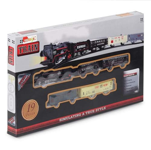 Image of VU Toys Big Black Train Set - Battery Operated Engine with Coal, Passenger Coach, Gray & Yellow Container Coaches and Round & Straight Track-Toy Train with Lights & Sound for Kids (3+ Years)