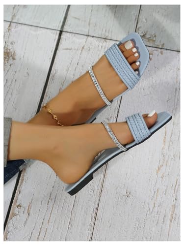GORGLITTER Women's Glitter Rhinestone Braided Strappy Flats Pu Leather Square Open Toe Slide Sandals4