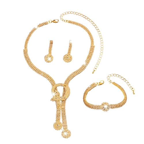 XFSRG Juegos de Joyas Mujer Glamour Brillante Colgante Collar Pendientes y Pulsera para La Novia Conjunto de Bisutería Mujeres Fiesta (Oro)