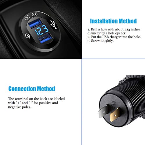 YONHAN 12V USB Outlet Quick Charge 3.0 Dual Charger Socket, USB Cigarette Lighter Socket with LED Voltmeter, Waterproof Aluminum Car Charger Adapter DIY Kit for Car Marine Truck Golf Cart RV, etc.