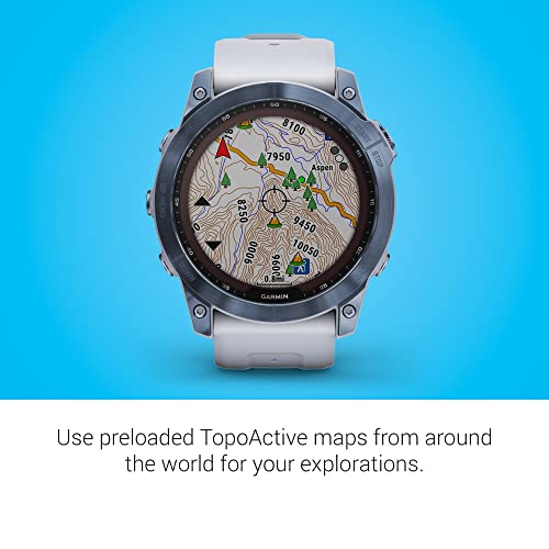 Image of Garmin Fenix 7X Sapphire Solar, Larger Adventure smartwatch, with Solar Charging Capabilities, Rugged Outdoor GPS Watch, Touchscreen, Wellness Features, Mineral Blue DLC Titanium with Whitestone Band