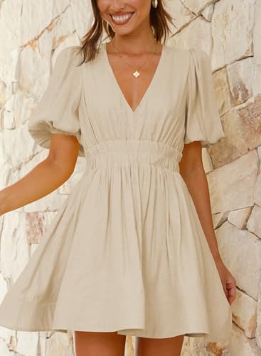 Image of Outfeel Women 2025 Summer Mini Dress Puff Short Sleeve Sexy V Neck A Line Elastic High Waist Flowy Swing Dresses