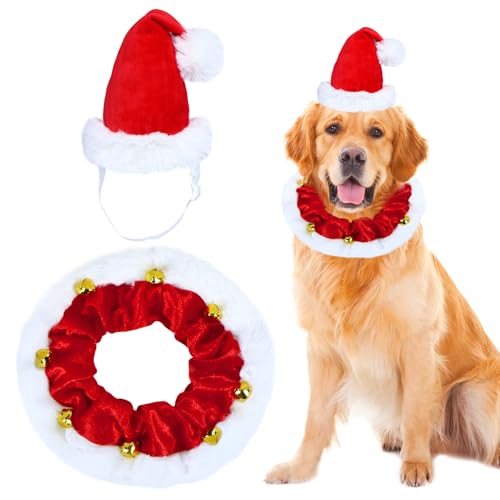 Dog Christmas Outfit, Dog Santa Hat Christmas Collar with Bells O...