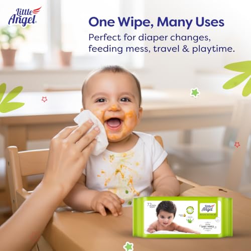 Image of Little Angel Super Soft Cleansing Baby Wipes, 648 Count, Enriched with Aloe vera & Vitamin E, pH Balanced, Dermatologically Tested & Alcohol-free, Pack of 9, 72 count /pack