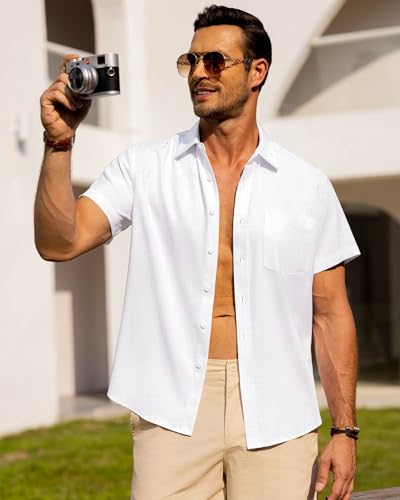 Image of Alimens & Gentle Mens Linen Shirts Short Sleeve Button Down Shirts Wrinkle Free Casual Vacation Beach Summer Tops