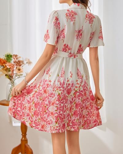 Image of Women Long Sleeve Spring Button Down A-Line Floral Print Summer Cocktail Shirt Dresses with Belt