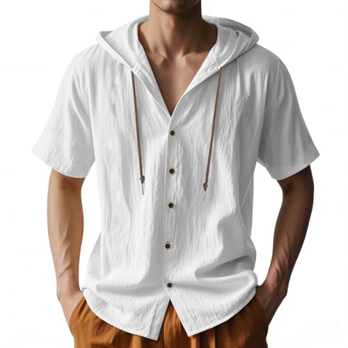 Men Linen Short Sleeve Button Down Shirt Summer Casual Hawaiian Beach Tops Lightweight Fashion Hoodies