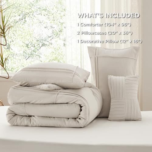 Image of Bedsure California King Comforter Set - 4 Pieces Grid Pleat Bed Set, Beige Boho Bedding for All Season, 1 Soft Comforter, 2 Pillowcases, 1 Decorative Pillow
