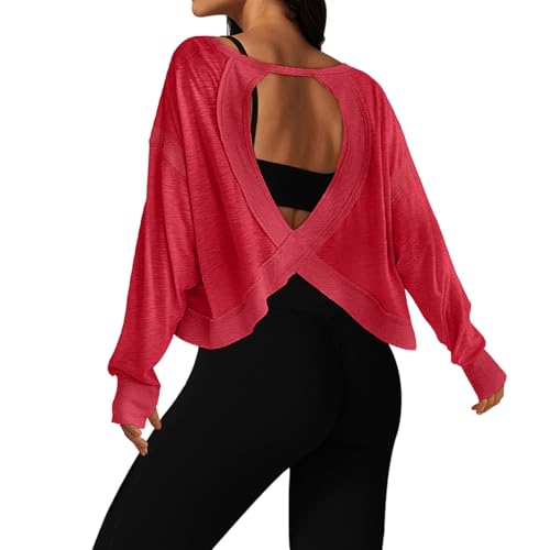 Image of UNIANKIYA Open Back Workout Tops for Women Long Sleeve Cropped Athletic Clothes Gym Running Yoga Low Impact Sports T Shirts