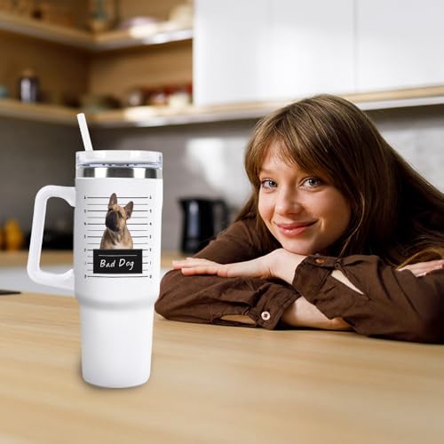 GABSHAIM Individueller weißer Becher, doppellagig, isoliert, Reisebecher mit Griff und Strohhalm-Deckel, doppelseitig bedruckt, Reise-Kaffeetasse, Phalen-Papillon-Muster, 1,2 l