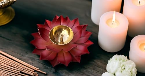 PARIJAT HANDICRAFT Brass Lotus Kuber Diya for Puja Home Décor Brass Diya Deepak Oil Lamp Small Lotus Kamal Shape for Home Temple Puja Articles Decor Gifts Giting Brown