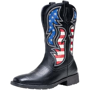Jousen Cowboy Boots for Men Western Boot Side Zipper American Flag Retro Square Toe Mid-Calf Mens Boots