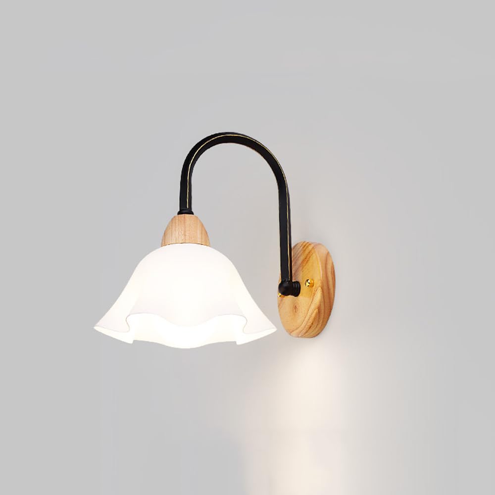 SXSCARKX Nordic Light Luxury Black Wall Sconce With White Shade Gooseneck Rustic Farmhouse Wood Bedside Mounted Lamp Hardwired Flower Girls Bedroom Living Room Hallway Bathroom