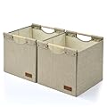 KAKAMAY Collapsible Cube Storage Bins 15x13x13 Inches Khaki 2-Pack, Foldable Storage Organizer Wooden Handles Fabric Baskets for Living Room Shelves, Bedroom Nursery Closet Toys, Clothes, Laundry