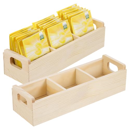 QUARKZMAN 2 Pcs Organizzatore per Bustine di Tè, Scatola per Tè in Legno di Pino con 3 Scomparti e Maniglia, Porta Bustine di Tè, Forniture per Bevande, Zucchero, Colore Legno