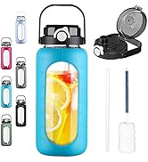 BLUEGO 64oz Glass Water Bottles with Straw Time Marker Half Gallon Large Motivational Water Bottl...