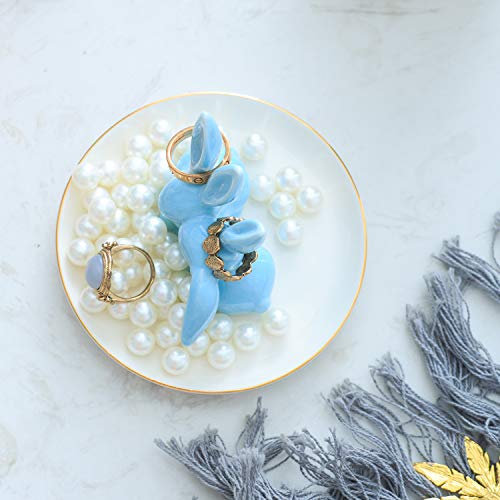 Vellarr Adorable Bunny Ring Holder Jewelry Tower Ceramic Dish Plate Jewel Display Organizer Trinket Tray, Lovely Rabbit (Blue) #TOP5