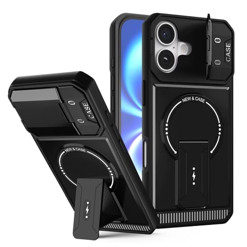 Image of Hupshy iPhone 16 Back Cover with Camera Protection Rings, Kickstand-Matte /Anti, Non-Slip, Camera Glass Protection,Transparent Shockproof Cover for iPhone 16 (Black 2)