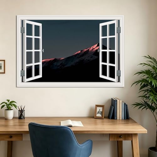 Lienzo de ventana falsa con efecto de oscuridad que refleja la cordillera y el lago 5