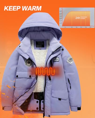 HOTIAN Boys Winter Kids 2 Piece Ski Suit Thicken Warm Hooded Jacket and Ski Pants Snowsuit Snowboarding Clothes,purplepurple,8 - Thumbnail 5
