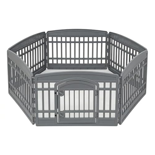 Image of IRIS USA 24 inch Dog Playpen 6-Panel Pet Exercise Pen with Door Gate 61x61x24 Puppy Play Pen Indoor Outdoor Plastic Heavy Duty Foldable Portable Pet Fence for Small Medium Dogs Puppies Multiple Pets Gray