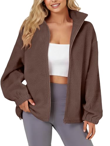 LYANER Women's Full Zip Fleece Fuzzy Sherpa Jacket Lapel Long Sleeve Warm Teddy Coat with Pockets Dark Coffee Medium