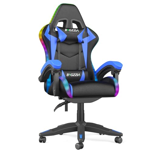Racingreat LED Gaming Stuhl mit RGB-Lichtleiste, Gaming Chair RGB mit Kopfstütze und Lendenwirbelstütze, 90°–135° Neigungswinkel + Höhenverstellbar, PC-Stuhl für Kinder Junge Erwachsene (Blau)