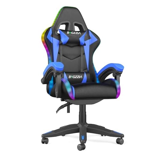 Racingreat LED Gaming Stuhl mit RGB-Lichtleiste, Gaming Chair RGB mit Kopfstütze und Lendenwirbelstütze, 90°–135° Neigungswinkel + Höhenverstellbar, PC-Stuhl für Kinder Junge Erwachsene (Blau)