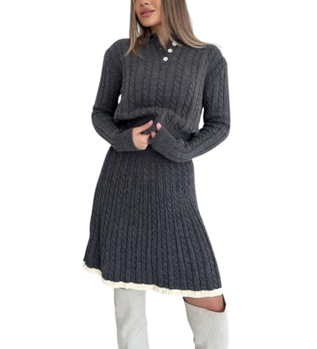 chouyatou Women's Cable Knit 2 Piece Outfits Long Sleeve Polo