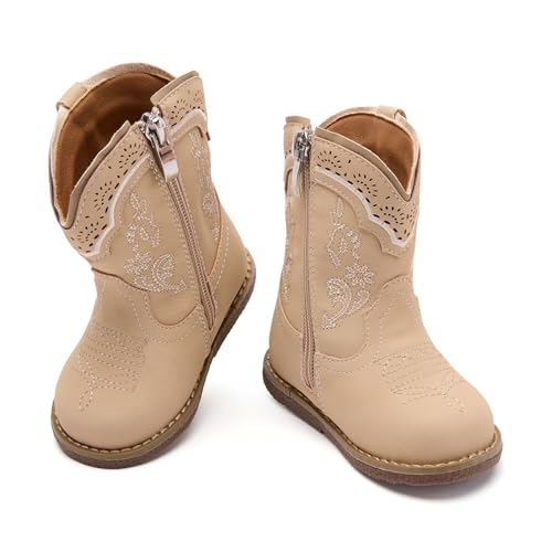 BMCiTYBM Baby Girl Cowgirl Cowboy Boots Infant Boy Western Boots Toddler Round Toe Riding Mid Calf Boots All Seasons for 6 9 12 18 24 Months Beige Size 5 Toddler by BMCiTYBM - Image 4